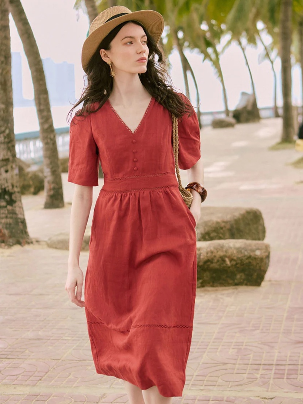 Meryl Linen Dress - Red V-Neck Midi Dress with Buttoned Bodice